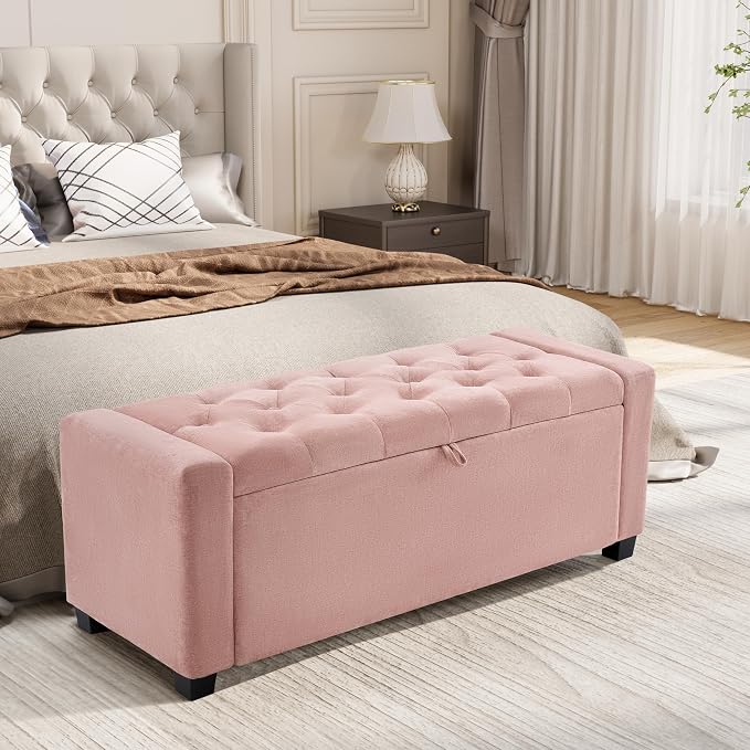 Royal Windsor Ottoman with Storage,Tufted Storage Bench with Safety Hinge,Holds up to 350 lb,Upholstered Bench with Seating for Bedroom, Living Room,Entryway,Pink