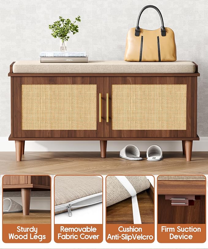 Akxomel 39.4" Rattan Shoe Storage Bench 2 Doors Entryway Bench Walnut | 2 Tier Shoe Bench with Padded Cushion, Adjustable Shelves and 2 Doors, Solid Wood Legs, for Hallway, Living Room, Bedroom