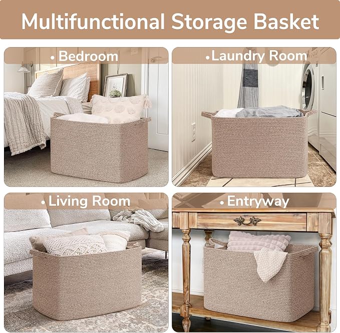 Goodpick 105L Extra Large Woven Blanket Basket, Cotton Rope, Brown | 25 x 16 x 16 in, Rectangle, Blankets, Clothes, Toys & Pillows Storage, Living Room, Bedroom & Nursery Organization