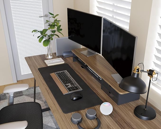 Fenge Monitor Stand, Desk Computer Riser with Frosted Storage Drawer, Brown | 42.5 Inch Dual Monitor Riser, 2 Tiers, Cable Management, Desk Shelf for 2 Monitors, Ultrawide Screen, Laptop, TV, Home Office