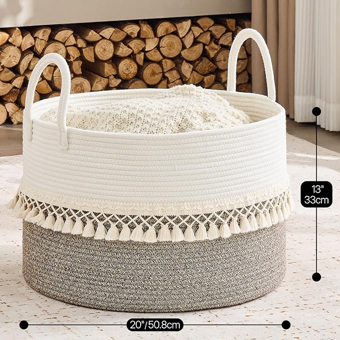 KAKAMAY Large Blanket Basket with Handles, Storage Basket for Living Room | Extra Large Capacity | Natural Cotton Rope | Blanket Storage | Woven Storage Basket | Stuffed Animal Storage | Laundry Basket