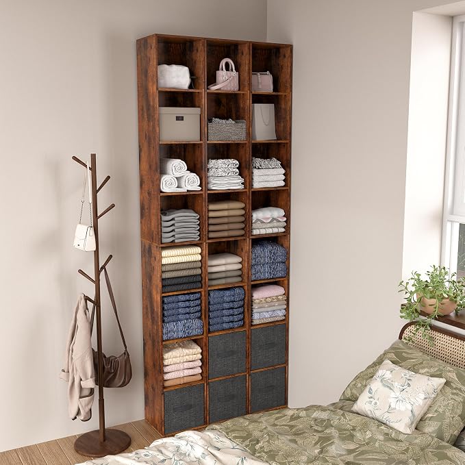 8-Cube Storage Organizer Bookcase, Tall Narrow Bookshelf for Home Office (Retro Brown)