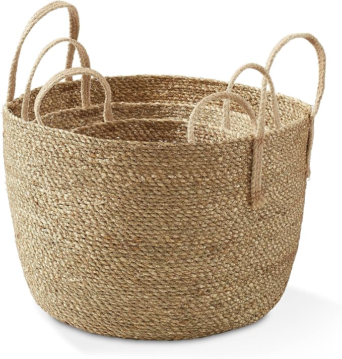 Casafield Set of 3 Braided Seagrass Baskets with Jute Handles - Natural, Woven Storage Basket Planters, Boho Decor for Entryway, Living Room, Bedroom