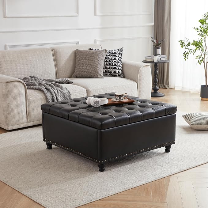 Tbfit Large Square Storage Ottoman Bench, Tufted Upholstered Coffee Table Ottomans with Lift Top & Solid Wood Legs, Oversized Storage Ottomans Toy Box for Living Room (Black)