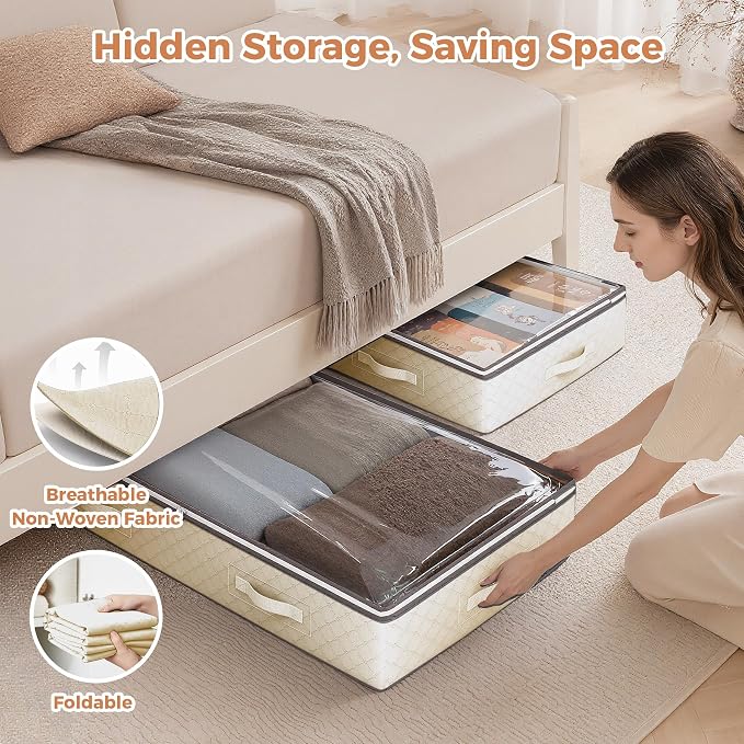 Budding Joy 90L Underbed Storage Containers, 4 Pack Closet Organizers Beige | Storage bins, foldable underbed storages bags for blankets, comforter, sweaters, pillows, linen sheets, wrapping paper