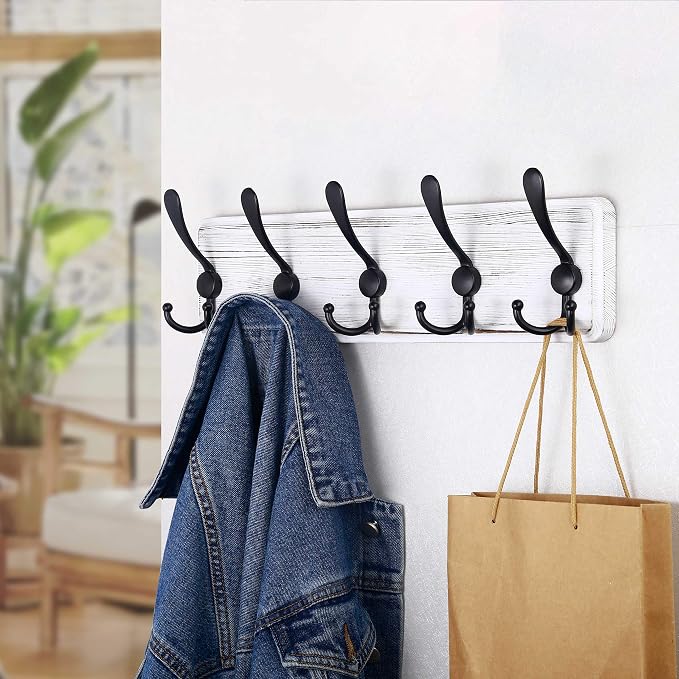SKOLOO Rustic Wall Mounted Coat Rack, 16" Stud Spacing, Wood Coat Rack Wall Mount with 5 Triple Hooks, Farmhouse Coat Hanger Wall Mount for Hanging Backpack Jacket Coat Hat, Pack of 2