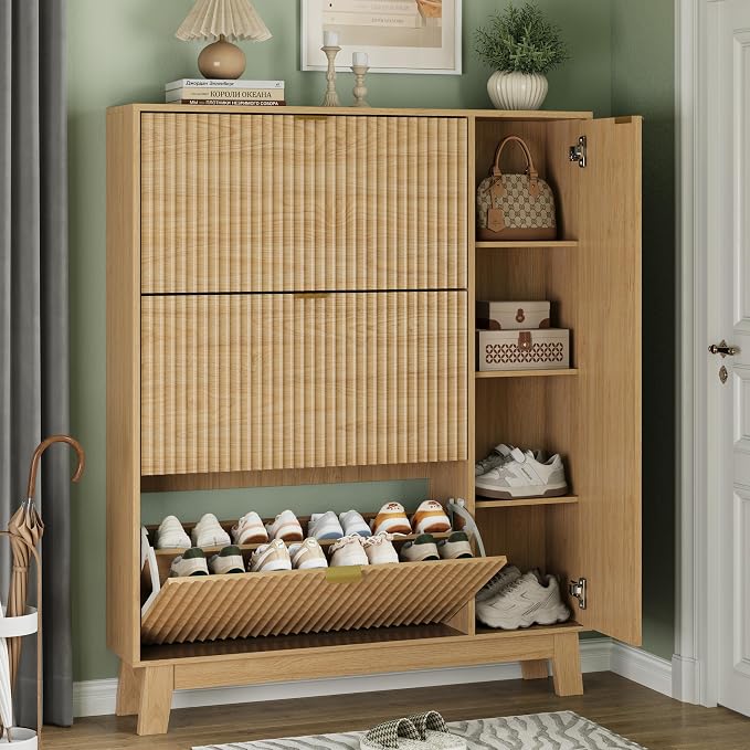 Xixini Shoe Cabinet with 3 Flip Drawers, 54" Tall Narrow Fluted Shoe Storage Organizer for Entryway, Hidden Wooden Shoe Rack with Adjustable Side Cabinet for Front Door Entrance, Hallway, Natural Oak