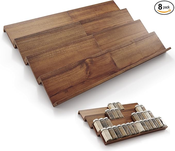 Tinamo Acacia Wooden Spice Rack Organizer for Cabinet - Spice Drawer Insert, Spice Organization for Cabinet, Seasoning Organizer, Spice Holder Pack of 8 (Walnut, Pack 8) | Acacia Wood Construction, No assembly, Stackable 4-tray design, Spacious for up ...