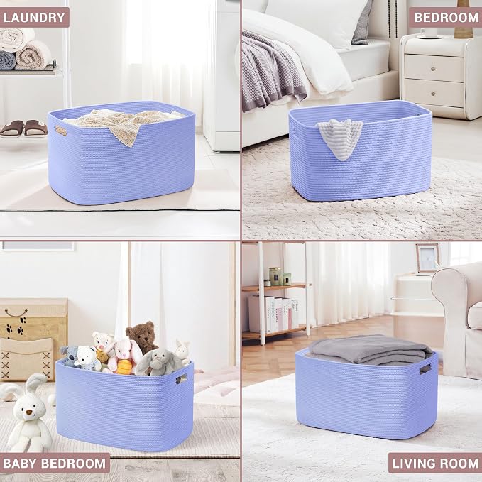45L Small Woven Laundry Basket Hamper with Handles, Blue Purple | collapsible wicker hamper, storage for dirty clothes, toys, blankets, gifts, living room, bedroom, bathroom, 18"x14"x11"