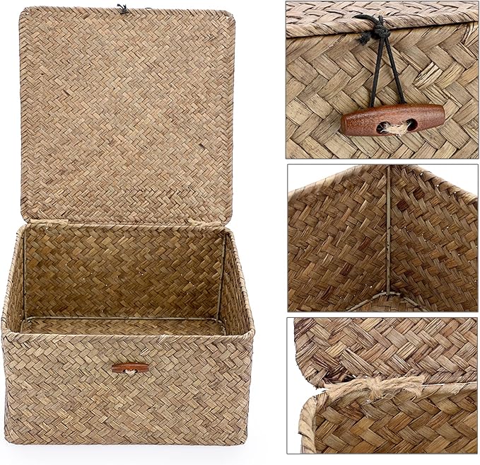 Hipiwe Small Wicker Shelf Baskets Handwoven Seagrass Storage Bin with Lid | Multipurpose Household Basket Boxes Square Basket Container for Shelves and Home Organizer, Coffee