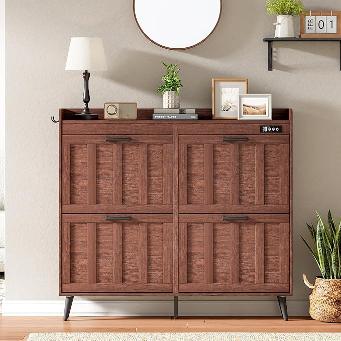 ChooChoo Shoe Storage Cabinet with 4 Flip Drawers and Deodorizer | Shoe Organizer Storage for Entryway, Freestanding Hidden Slim Narrow Shoe Rack Cabinet, Walnut