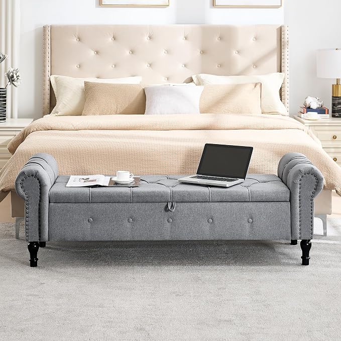 Storage Bench 67" Linen End of Bed Benches Grey | King Size Storage Bench for Bedroom with Rolled Arms Tufted Ottoman Benches Upholstered Bench for Living Room Entryway