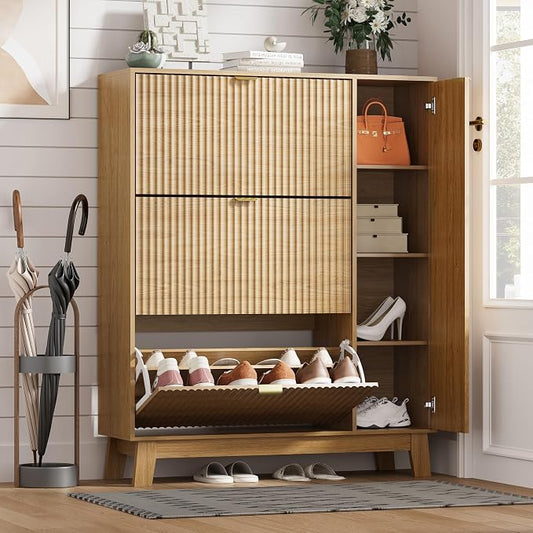 Shoe Cabinet Storage for Entryway with 3 Flip Drawers & Side Cabinet, Fluted Narrow Shoe Organizer with Wooden Leg, Freestanding Shoe Storage Hidden Shoe Rack Organizer for Front Door Entrance, Oak