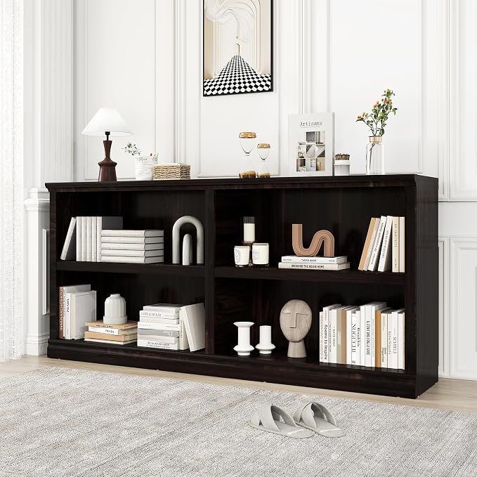 64" W Double Wide Horizontal Bookshelf, 2 Tiers 4 Storage Cube Book Case | Open Shelf Bookcase, Display Cabinet Organizer Indoor Furniture, Home Library Office, Dark Cherry, Adjustable Shelf