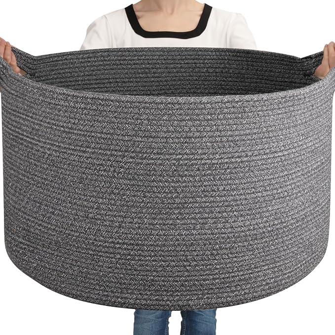 OIASKET Large Woven Baskets for Storage, 23.6" x 23.6" x 14.6" Blanket Storage Living Room, Baby Toy Basket for Clothes, Pillows, Towels, Shoe Basket for Entryway (Dark Grey)