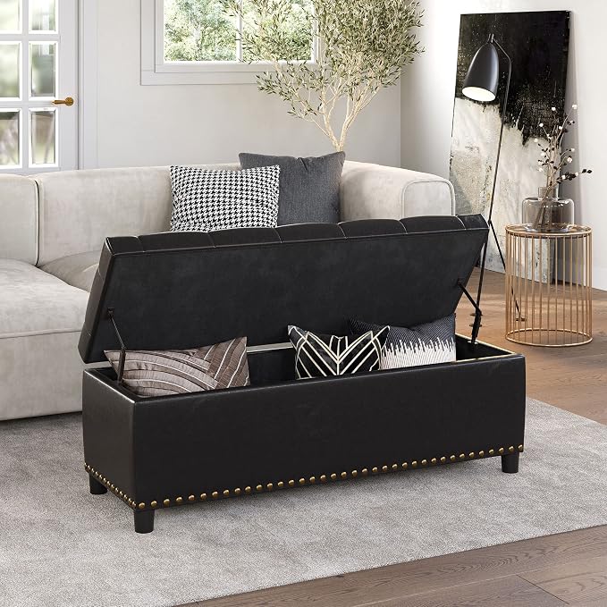 BELLEZE Storage Ottoman, Tufted Ottoman with Close Hinge, Foot Rest for Living Room (Dark Brown, 47 inch)