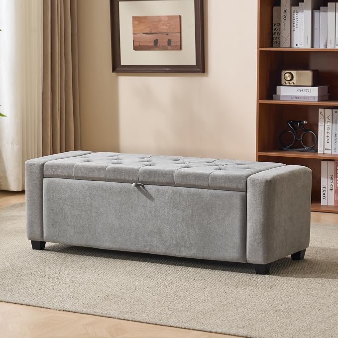 Royal Windsor 48" Ottoman with Storage,Tufted Storage Bench with Safety Hinge,Holds up to 350 lb,Upholstered Bench with Seating for Bedroom,Living Room,Entryway,Linen Light Gray