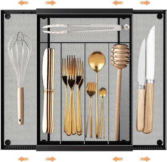 Sedegn Silverware Organizer Metal Mesh, Drawer Organizer, Utensil Cutlery Tray for kitchen drawers,Expandable Flatware Organizer with 7 Compartment Black 9.6"~16.1" x 13.8"