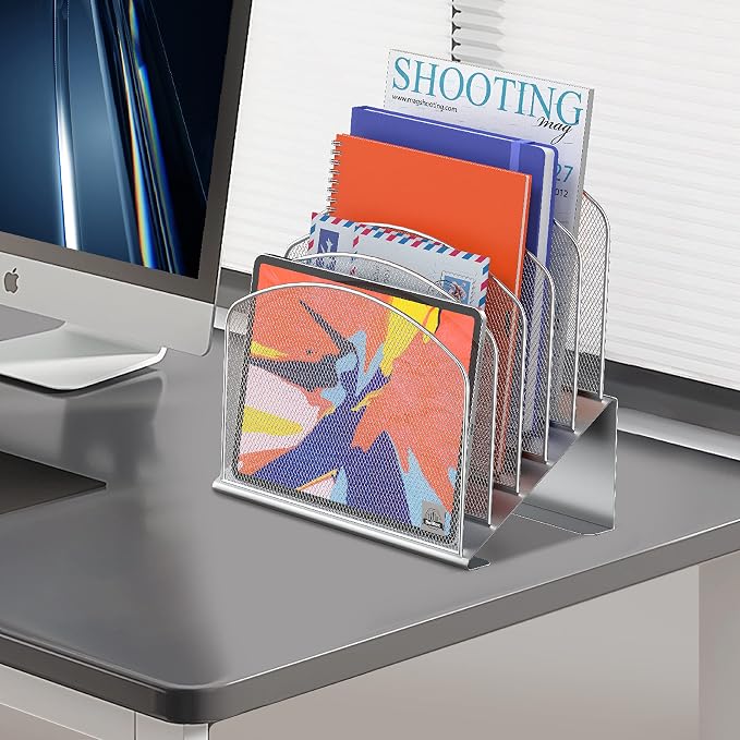 Delifox Inclined Desk File Organizer,Vertical File Folder Holder Stand Metal Rack File Sorter for Office Classroom Desktop Organization (2, Silver, 5)