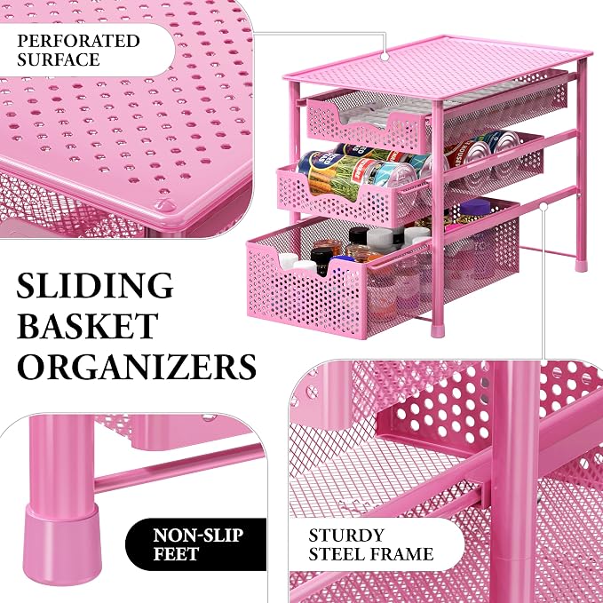 Simple Houseware Stackable 3 Tier Sliding Basket Organizer Drawer, Pink