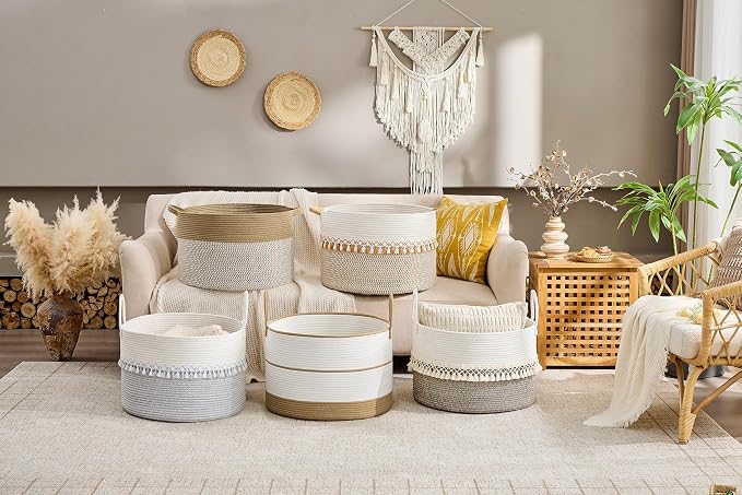 KAKAMAY Large Blanket Basket with Handles, Storage Basket for Living Room | Extra Large Capacity | Natural Cotton Rope | Blanket Storage | Woven Storage Basket | Stuffed Animal Storage | Laundry Basket