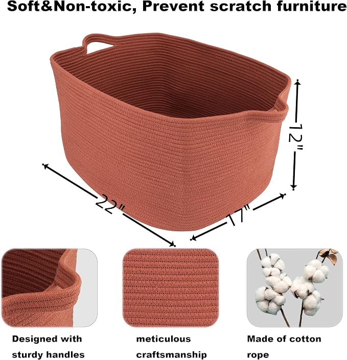 XUANGUO Large Rectangle Woven Cotton Rope Blanket Basket 22"x17"x12" Rustic | Storage basket for nursery and living room; toy basket for kids, dog toy storage, or laundry basket for clothes and towels.