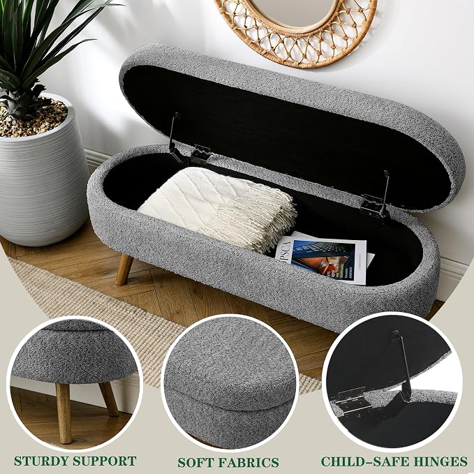 43.5" Ottoman with Storage, Storage Ottoman Bench with Safety Hinge, Foam End of Bed Bench, Upholstered Entryway Bench for Bedroom, Living Room & Window, Holds up to 330 lb, Grey