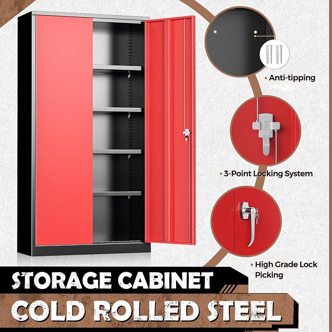 INTERGREAT Metal Storage Cabinet, 72” H Storage Cabinet with 2 Doors and 4 Adjustable Shelves for Office, Home, Garage, Pantry (Assembly Required, Black Red)