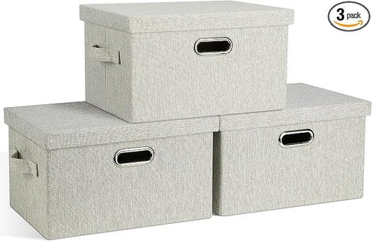 Graciadeco Medium 15" 21 Quart Collapsible Stackable Storage Bins with Lids, 3 Packs Beige Foldable Fabric Closet Boxes Heavy-duty Linen Cube Baskets Container for Bedroom Office (15 x 11 x 8) | 21 Quart 3 Pack Beige Collapsible Stackable Linen Fabric ...