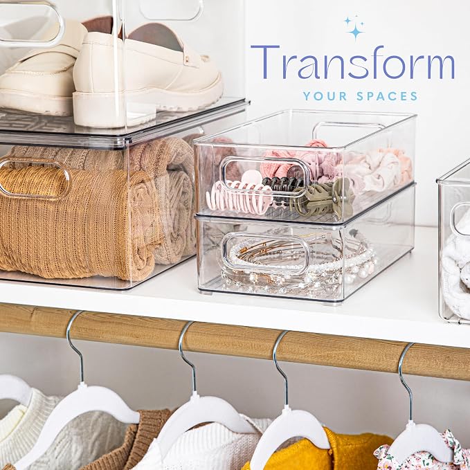 Plastic Food Storage 4 Pack Clear Container Bin with Handles for Organizing Kitchen, Pantry, Refrigerator, Freezer, Pantry, Cabinet, Closet, Bathroom. Stackable 10”x6”x3”