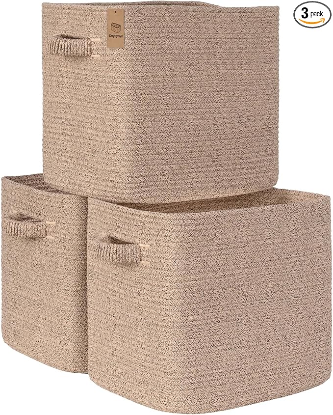 15×13 Inch Storage Cubes, 3 Pack Cube Storage Bins for Organizing, Cotton Rope Woven Baskets for Shelves, Bathroom, Kids Room, Closets, Baby Nursery