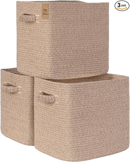 15×13 Inch Storage Cubes, 3 Pack Cube Storage Bins for Organizing, Cotton Rope Woven Baskets for Shelves, Bathroom, Kids Room, Closets, Baby Nursery