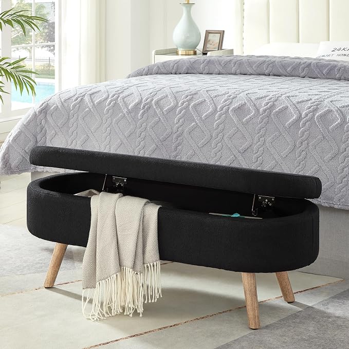43.5" Ottoman with Storage, Storage Ottoman Bench with Safety Hinge, Boucle End of Bed Bench, Upholstered Entryway Bench for Bedroom, Living Room & Window, Holds up to 330 lb, Apricot