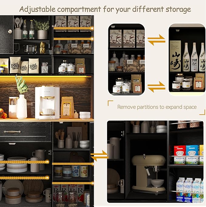 FJTJBSI 72" Kitchen Pantry Cabinet with LED Light and Charging Station Tall Pantry Storage Cabinet with Adjustable Shelves and Door Shelves Modern Kitchen Hutch with Countertop Black