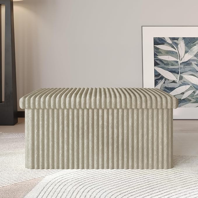 HOME DESIGN Florence 30" Upholstered Folding Storage Bench, Tufted Top, Space-Saving Storage, Light Beige Upholstery