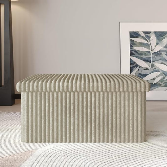 HOME DESIGN Florence 30" Upholstered Folding Storage Bench, Tufted Top, Space-Saving Storage, Light Beige Upholstery