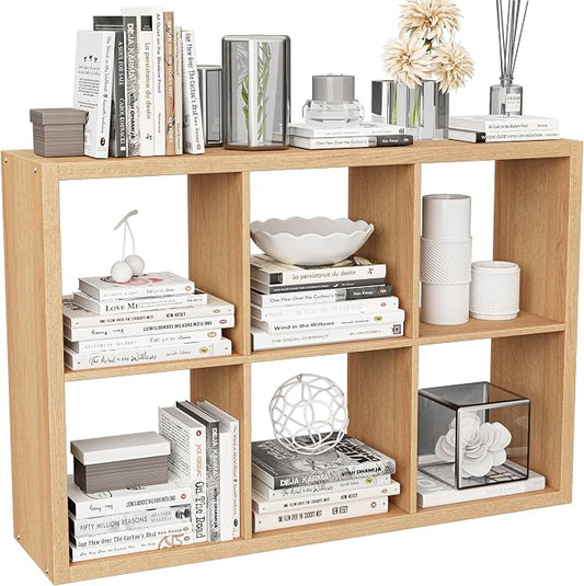 VDNEND Cube Storage Organizer Bookcase, Decorative 11 inch Open Back Cubical Shelf with Thickened Border, Display Bookshelf for Living Room, Home Office, Sturdy Room (Natural Oak, 6 Cube)
