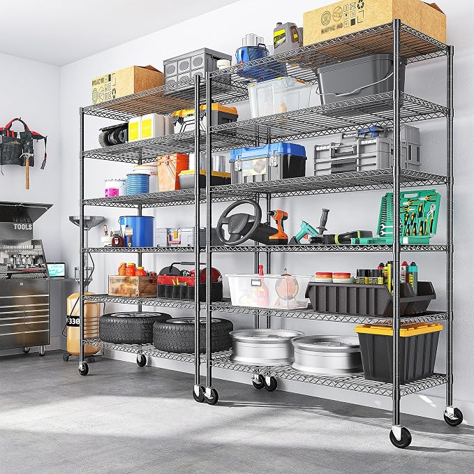 Romorgniz Heavy Duty 6-Tier Rolling Storage Shelves with Wheels for Garage | 1200lbs wire shelving, Rolling casters with locking wheels, Adjustable shelves, Rust-proof, For pantry, kitchen, basement