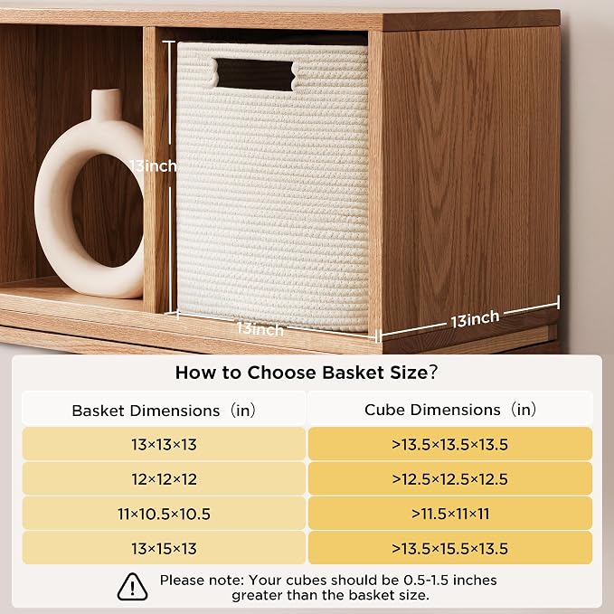 UBBCARE Set of 4 Cotton Rope Basket 13 X 13 X 13 Inches, Woven Storage Baskets for Shelves, Organizing with Handles, Cube Storage Bins for Storage Books, Magazines, White