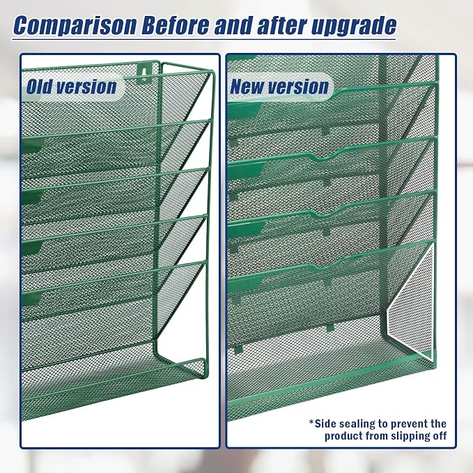 EASEPRES 6 Tier Desk File Organizer, Mesh Hanging Wall Mount Document Organization Stand, Desktop Vertical Mail Paper Folder Holder Rack with Bottom Tray for Office Cubicle, Sides Closed, Dark Green