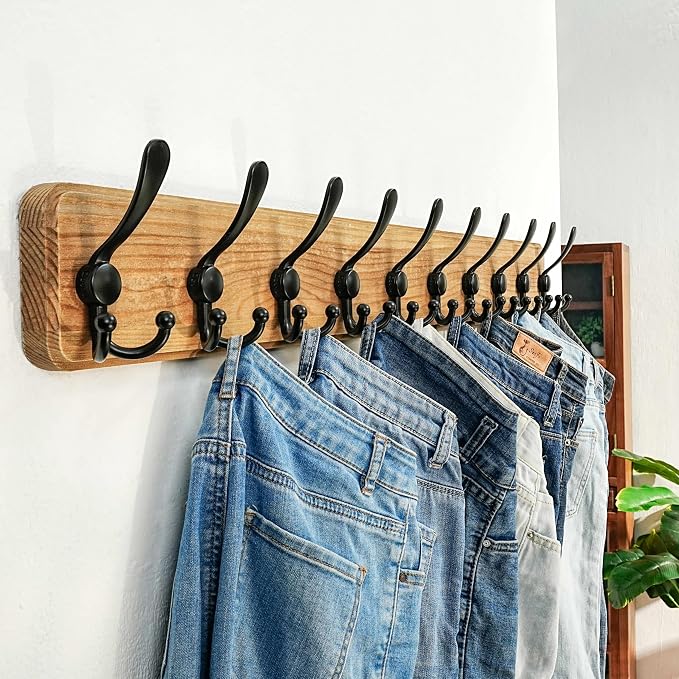 Coat Rack Wall - Heavy-Duty 38-1/4" Long, with Reinforced 10 Custom Tri-Hooks, Solid Wood Wall Hanger for Coats Hat Jackets - Rustic Farmhouse Entryway Storage,Weathered Brown & Black,Pack of 2