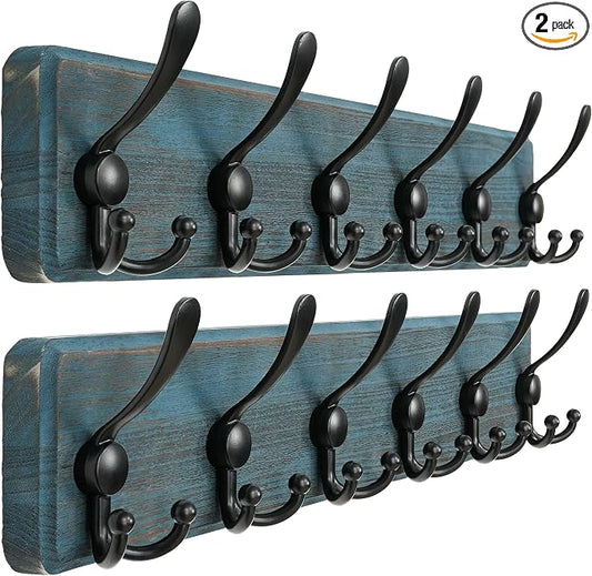 Coat Rack Wall Mounted - 24" Long 6 Tri Hooks, Heavy Duty Wooden Wall Coat Hanger Coat Hook for Clothes Hat Jacket Clothing, Weathered Blue and Black, Pack of 2