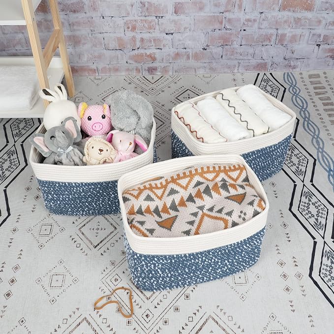 XUANGUO Woven Cotton Rope Storage Baskets 15x10x9.3" 3 Pack White and Blue | Decorative rectangular storage baskets for shelves and closets; storage bins organize clothes, toys, books and nursery items.