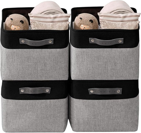 DECOMOMO Storage Bins, Large Fabric Storage Baskets for Shelves 4 Pack | 15 x 11 x 9.5 inches Decorative Linen Closet Organizers (Grey & Black)