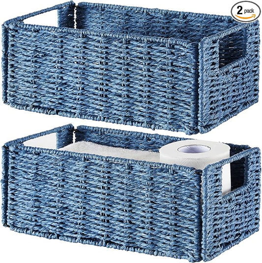 Vagusicc Wicker Storage Basket, Set of 2 Hand-Woven Paper Rope Wicker Basket, Small Storage Baskets for Organizing Toilet Paper Basket, Foldable Large Cube Storage Organizer Bins for Shelves (Blue)