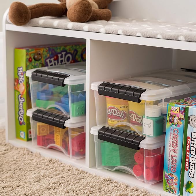 IRIS USA 3-Pack 6 Quart Storage Bins with Lids, Clear/Black | Black finish conceals stored items. Ideal for shoes, photos, documents, and small essentials. Nestable design saves space