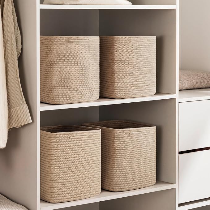 joybest 11inch Cube Storage Bins, Cotton Rope Woven Organizer Basket | Set of 4 Cube Bin Square Shelves Organizer Closet Storage, Nursery, Toy Organization, Brown