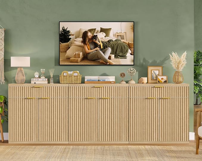 Fluted Buffet Cabinet with Storage, 63" Sideboard Cabinet, Coffee Bar Cabinet with 2 Doors and Adjustable Shelf for Living Room, Kitchen, Entryway, Natural