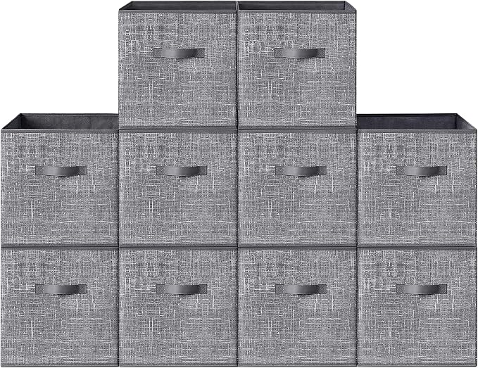 SONGMICS HOME Foldable Storage Cubes Set of 10, Fabric Shelf Organizer Bins with Handles, Closet Storage Boxes for Clothes, 13.2 x 13.2 x 13.2 Inches, Gray