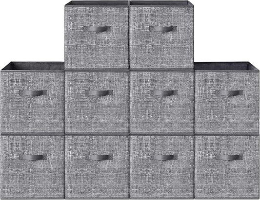 SONGMICS HOME Foldable Storage Cubes Set of 10, Fabric Shelf Organizer Bins with Handles, Closet Storage Boxes for Clothes, 13.2 x 13.2 x 13.2 Inches, Gray